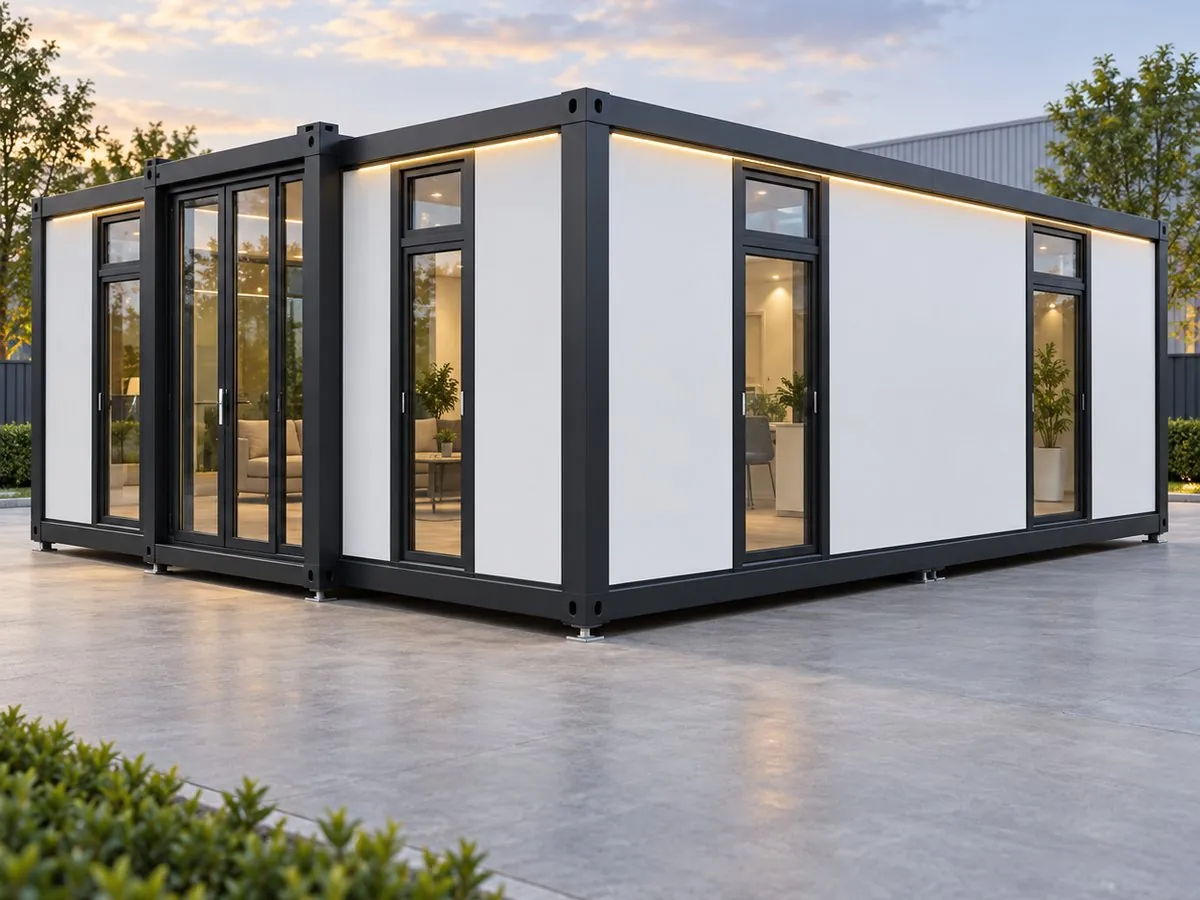 Module 30 m² vitré à extension latérale, bardage blanc et structure acier, installé sur dalle