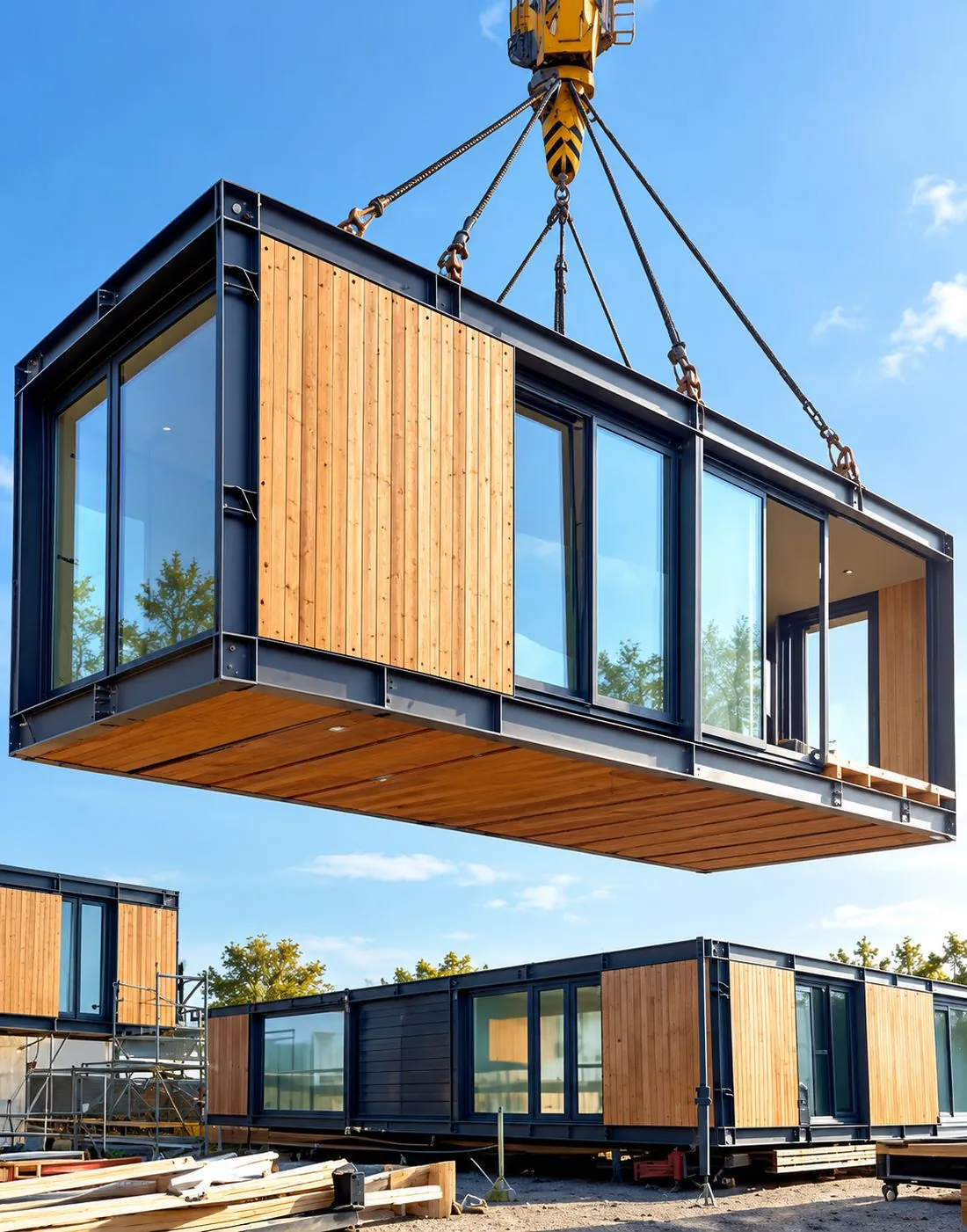 Module d'hébergement posé à la grue sur un site en cours d'installation