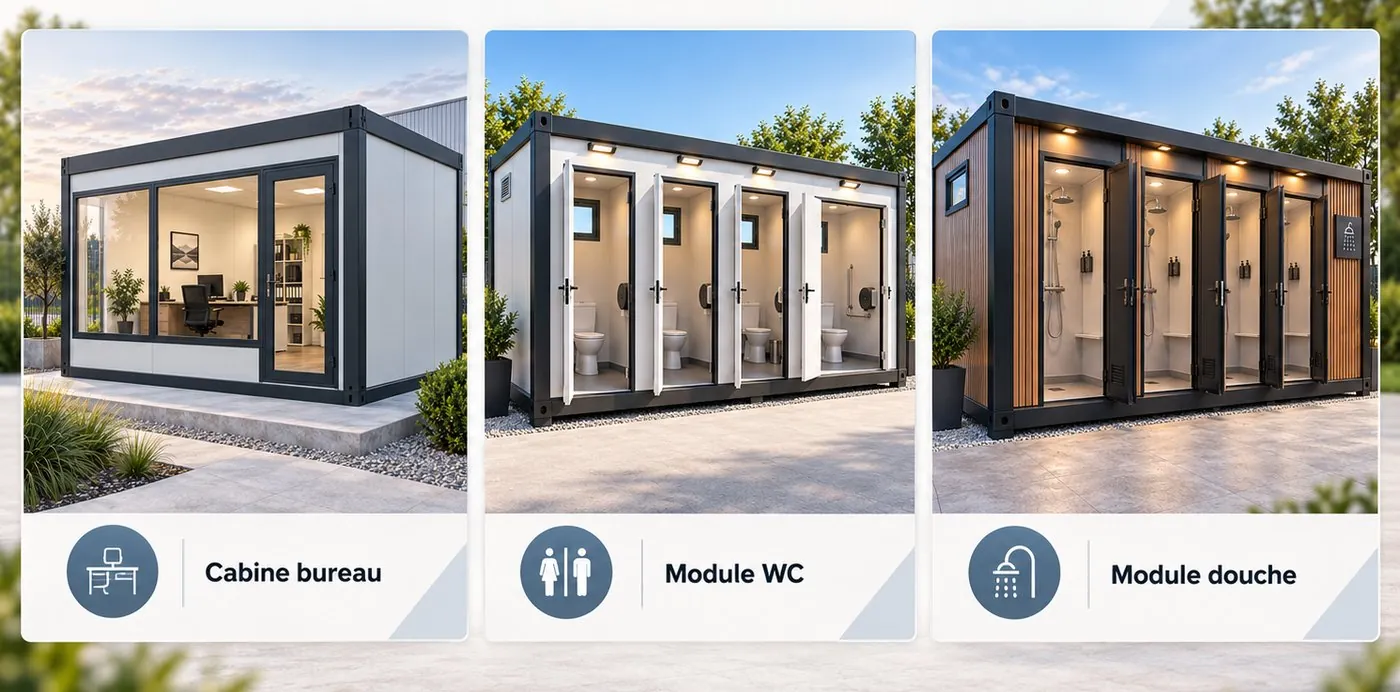 Trois modules complémentaires : cabine bureau vitrée, module WC à quatre cabines, module douche à quatre cabines