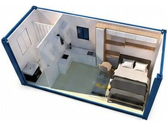 Vue écorchée d'une chambre double avec salle d'eau et rangements